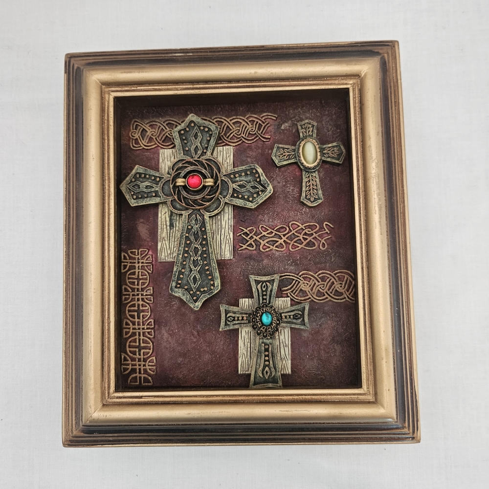 Decorative Framed Cross Art with Red and Turquoise Accents